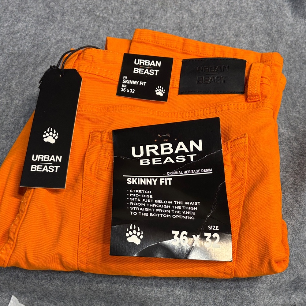 Urban Beast Orange Skinny Fit stretch mid rise cargo 7 picket jeans 36x32 NWT